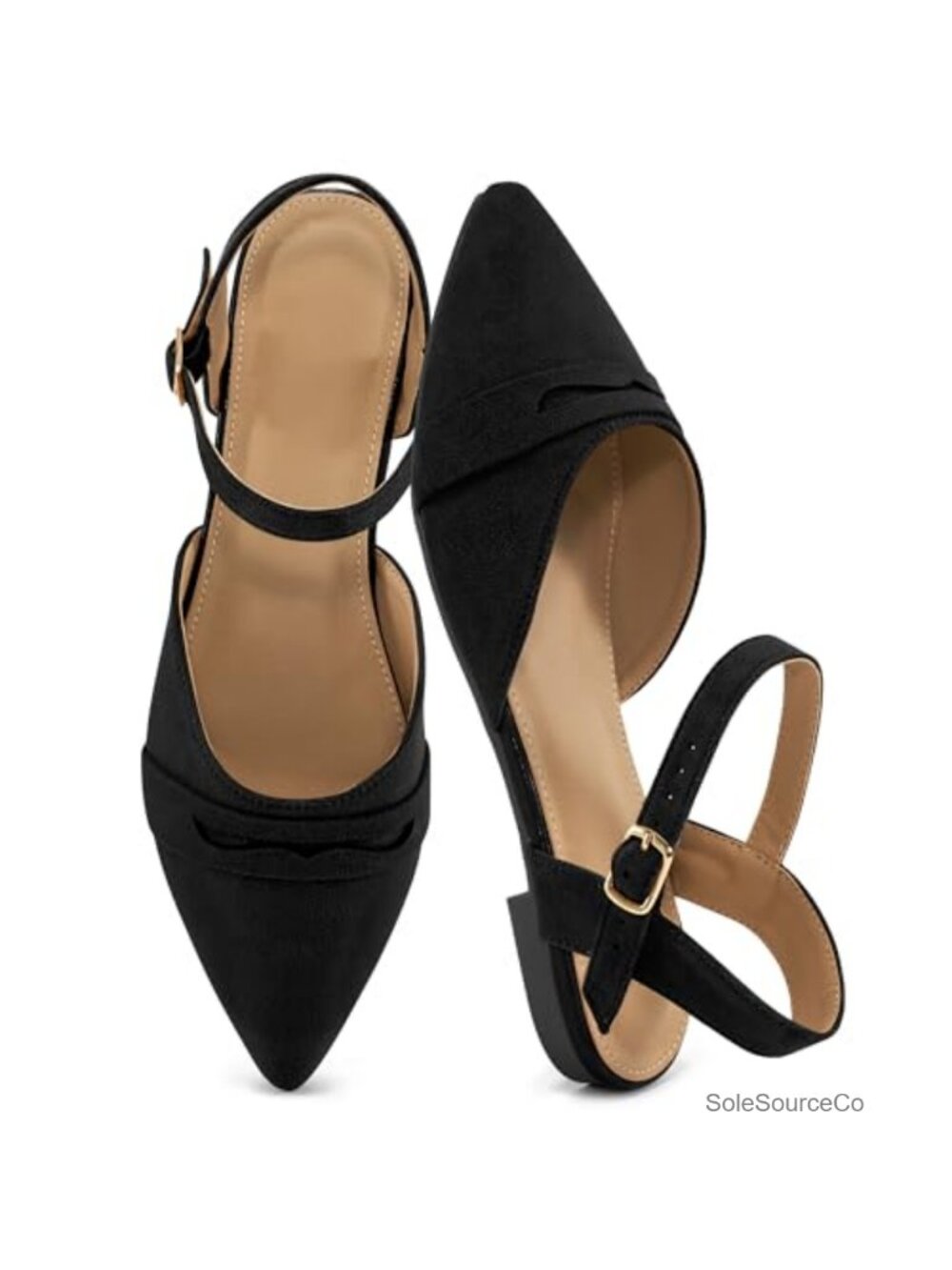 Womens Pointed Toe Slingback Flat Sandals, Adjustable Ankle Strap, Padded